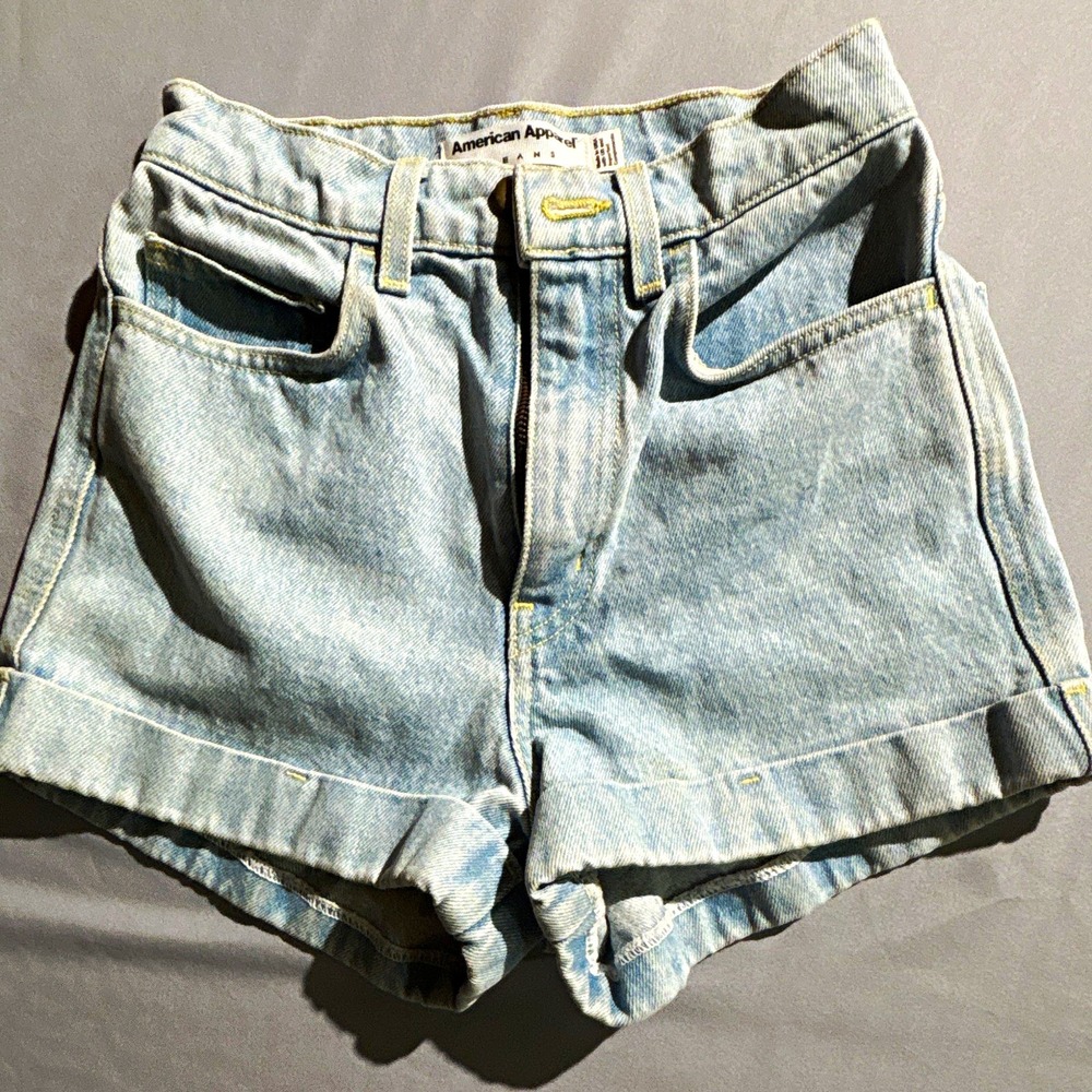 American Apparel Light Wash High Waisted Denim Cuffed Shorts Size 23 Light Blue